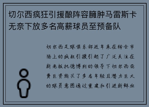 切尔西疯狂引援酿阵容臃肿马雷斯卡无奈下放多名高薪球员至预备队