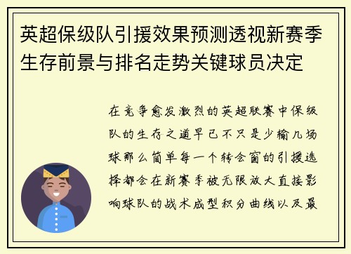 英超保级队引援效果预测透视新赛季生存前景与排名走势关键球员决定 英超保级队引援效果预测透视新赛季生存前景与排名走势关键球员决定